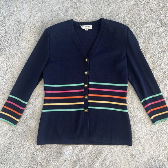 St. John Santana Knit Button Front Cardigan Sweater Navy Blue Rainbow Stripe 8 - Picture 1 of 4